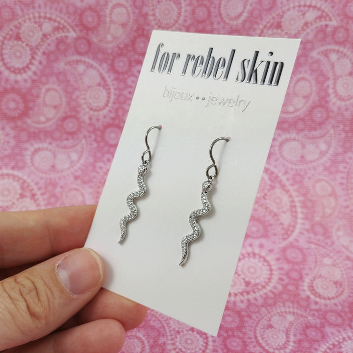 Dangle snake earrings, Silver snake earrings, Implant grade titanium for sensitive ears