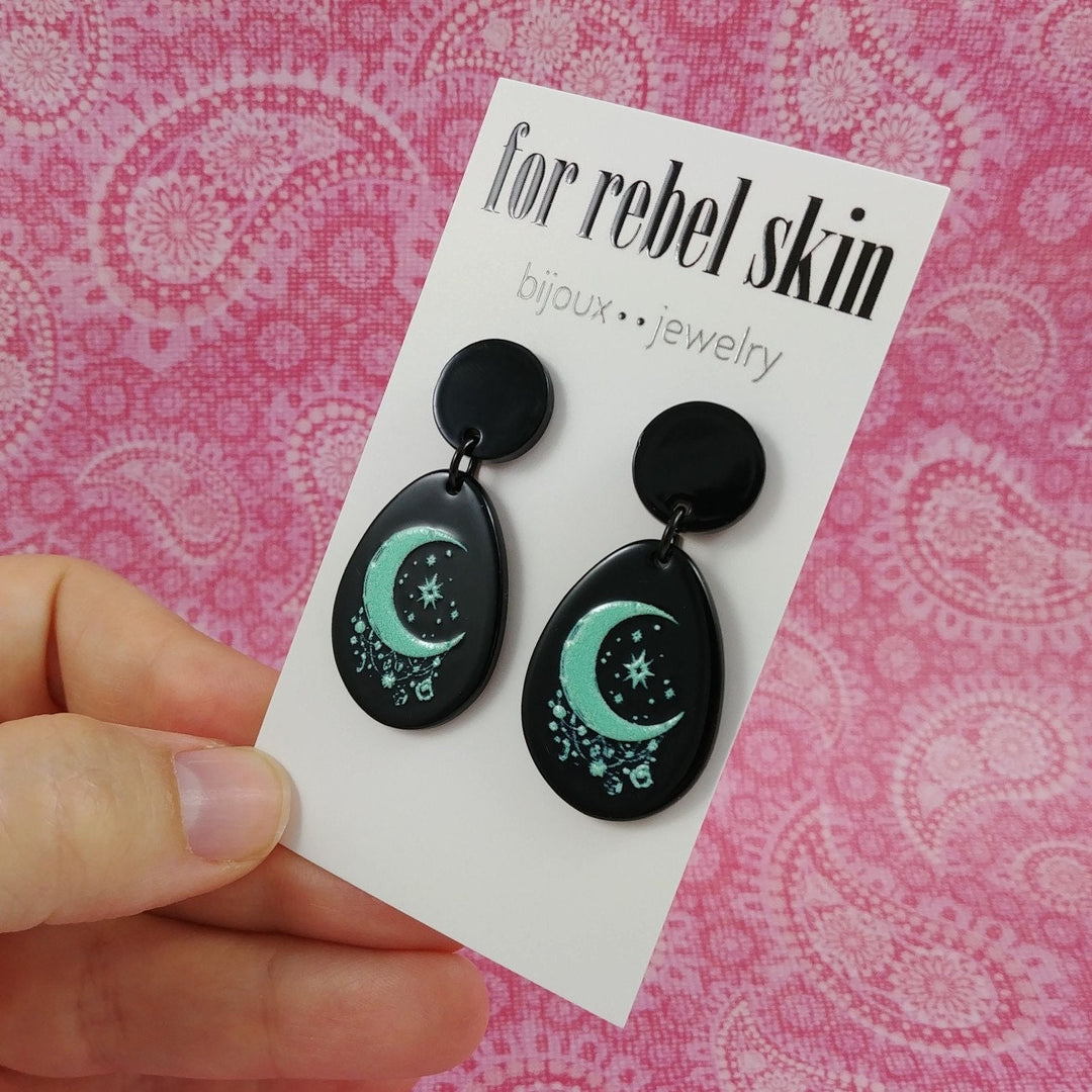 Turquoise boho moon drop earrings, Celestial black acrylic earrings, Statement titanium jewelry for sensitive ears