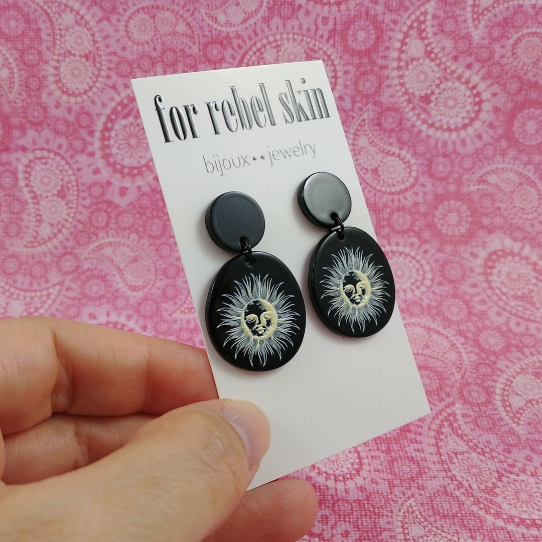 Sun drop earrings, Celestial black acrylic earrings, Titanium jewelry for sensitive ears