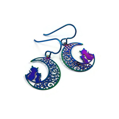 Rainbow cats and moon earrings, Pure niobium earrings, Celestial dangle earrings, Cute gift for her