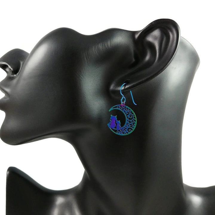 Rainbow cats and moon earrings, Pure niobium earrings, Celestial dangle earrings, Cute gift for her