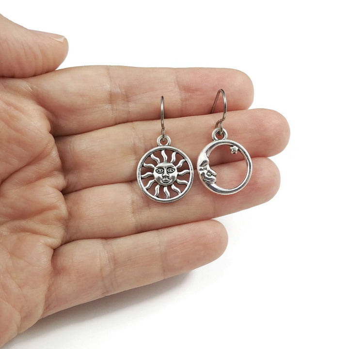 Moon and sun mismatched earrings, Unique silver celestial jewelry, Pure implant grade titanium dangle earrings
