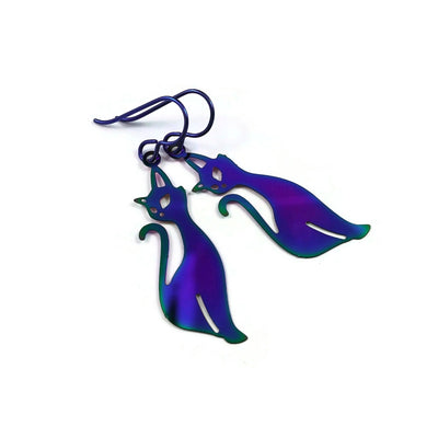 Siamese cats dangle earrings, Pure niobium earrings, Irridescent blue, green, pink and purple.