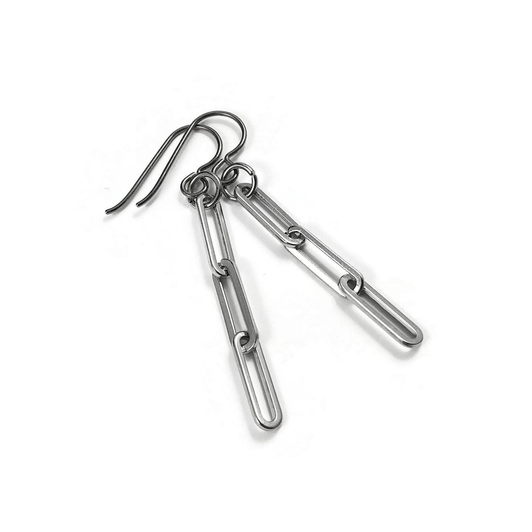 Silver paperclip chain earrings - Pure titanium and stainless steel jewelry - Minimalist cable link earrings