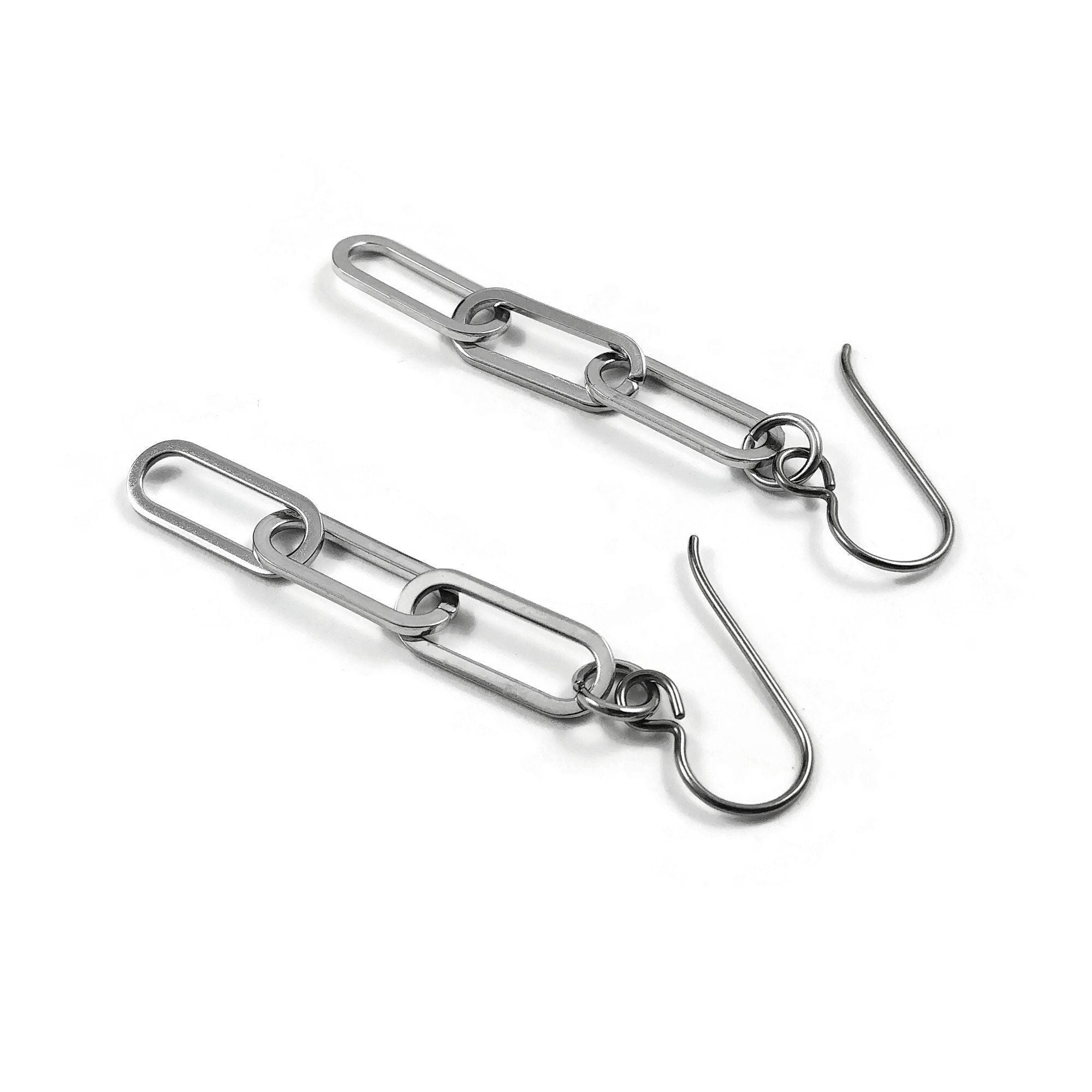 Paperclip chain dangle earrings - Pure titanium and stainless steel jewelry - Minimalist silver cable link earrings