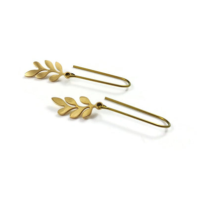 Minimalist leaves drop earrings, Dainty gold branch earrings, Pure niobium threader for sensitive ears