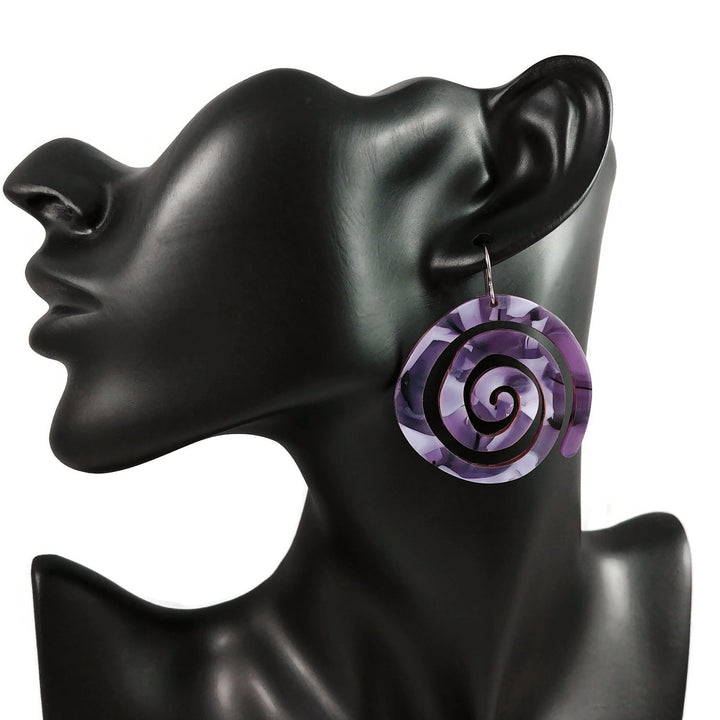 Purple resin dangle earrings, Statement modern earrings, Hypoallergenic pure titanium jewelry, Large spiral earrings