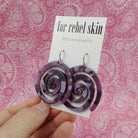 Purple resin dangle earrings, Statement modern earrings, Hypoallergenic pure titanium jewelry, Large spiral earrings