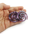 Purple resin dangle earrings, Statement modern earrings, Hypoallergenic pure titanium jewelry, Large spiral earrings