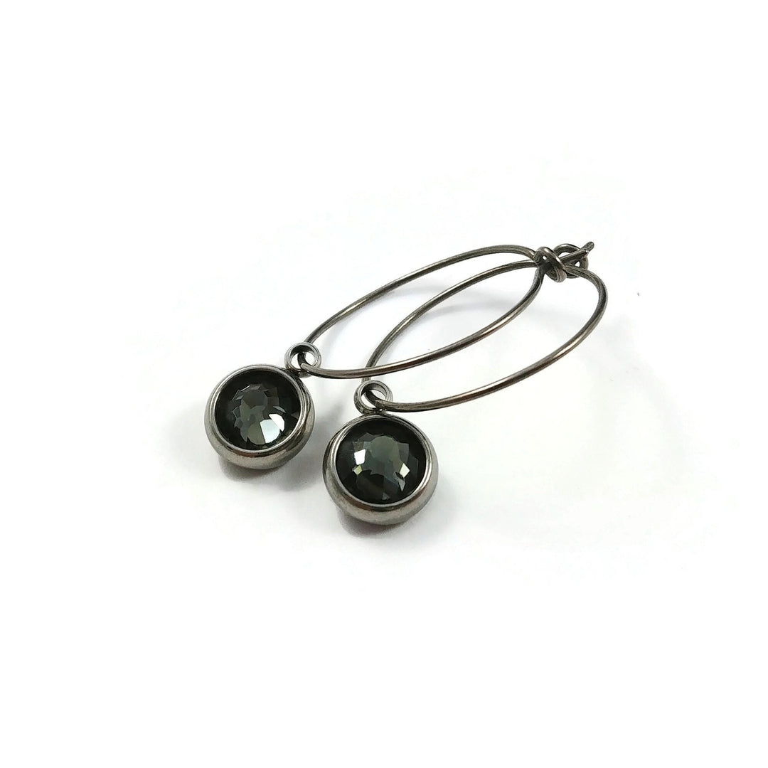 Grey crystal titanium hoop earrings, Hypoallergenic handmade jewelry, Black diamond charm earrings for sensitive ears