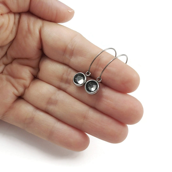 Grey crystal titanium hoop earrings, Hypoallergenic handmade jewelry, Black diamond charm earrings for sensitive ears