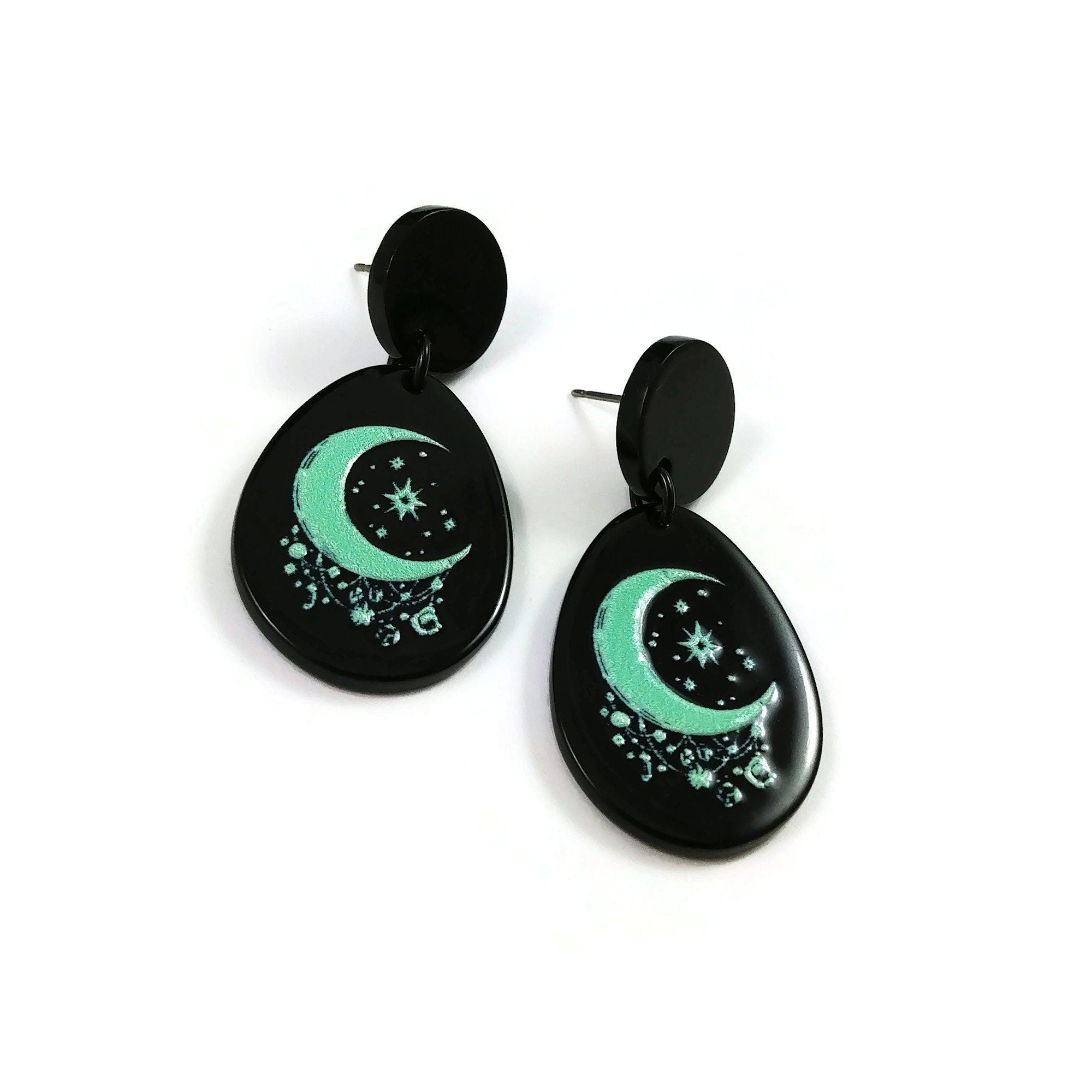 Turquoise boho moon drop earrings, Celestial black acrylic earrings, Statement titanium jewelry for sensitive ears