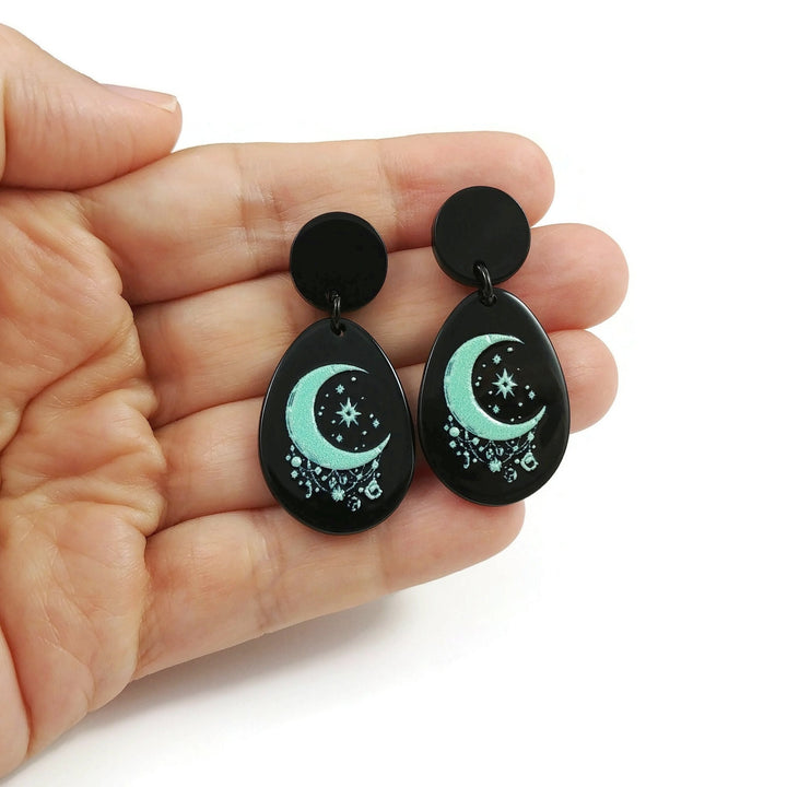 Turquoise boho moon drop earrings, Celestial black acrylic earrings, Statement titanium jewelry for sensitive ears