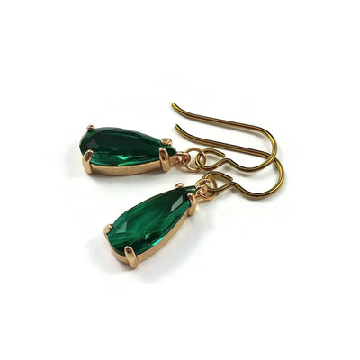 Emerald crystal dangle earrings, Pure niobium nickel free jewelry, Faceted teardrop gold earrings