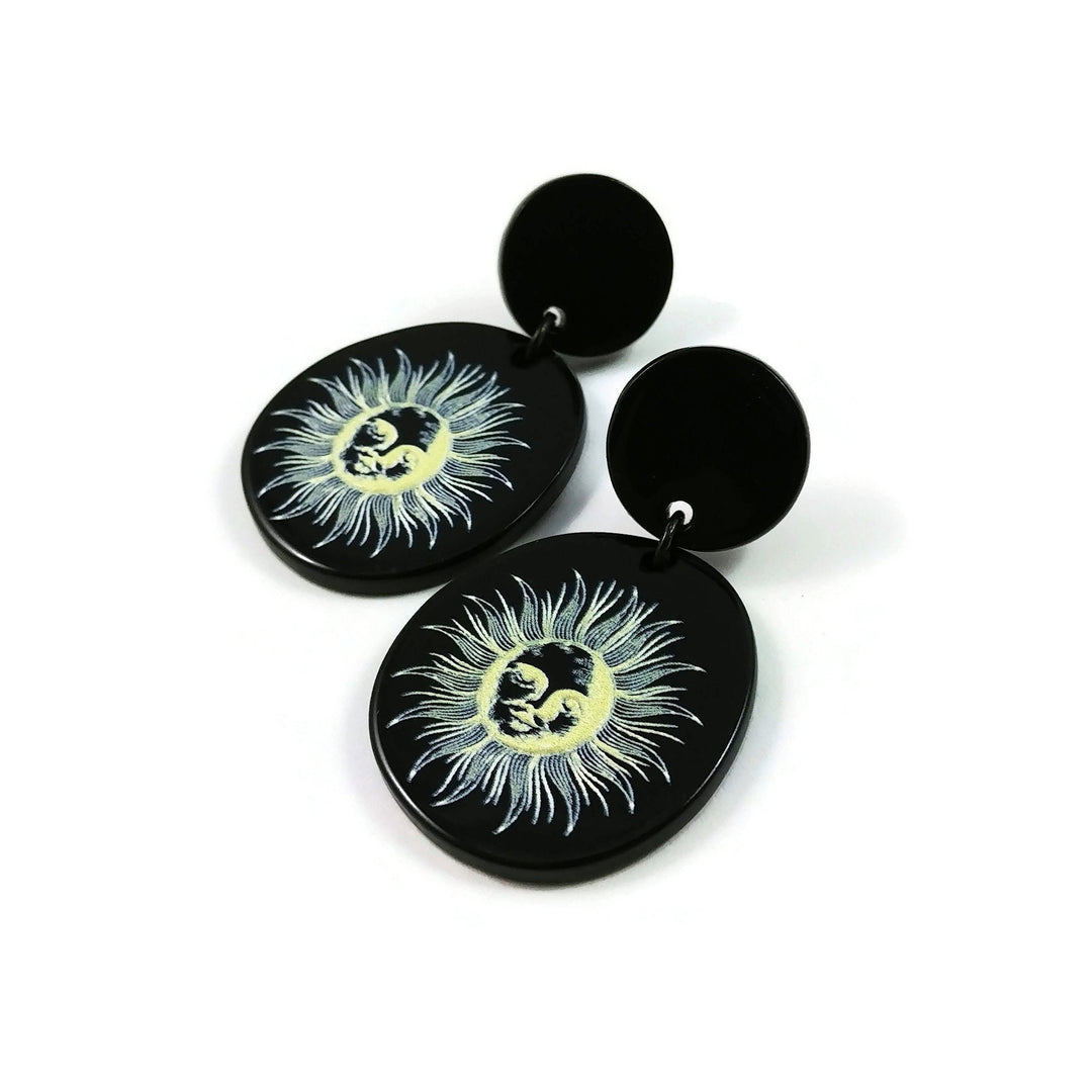 Sun drop earrings, Celestial black acrylic earrings, Titanium jewelry for sensitive ears
