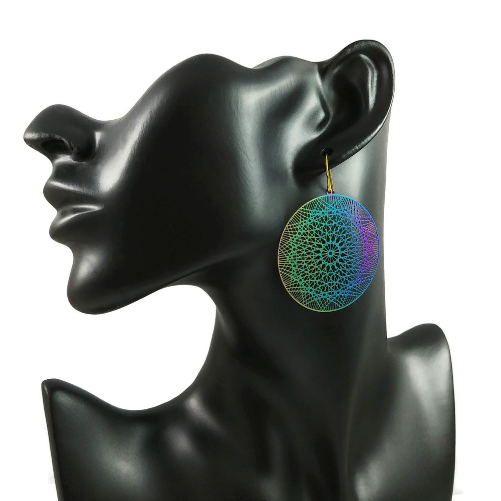 Abstract flower earrings, Rainbow filigree dangle earrings, Lightweight statement earrings, Hypoallergenic niobium jewelry