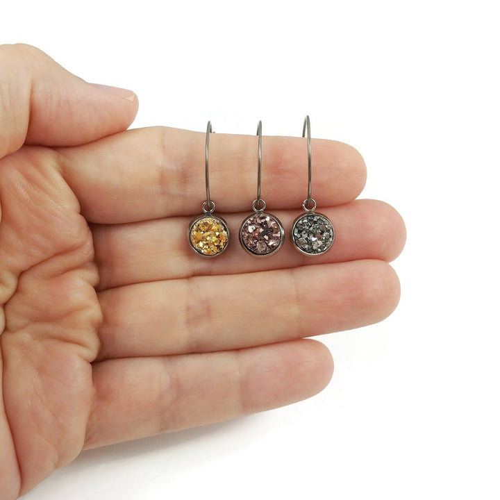 Druzy titanium hoop earrings, Hypoallergenic handmade jewelry, Minimalist earrings for sensitive ears
