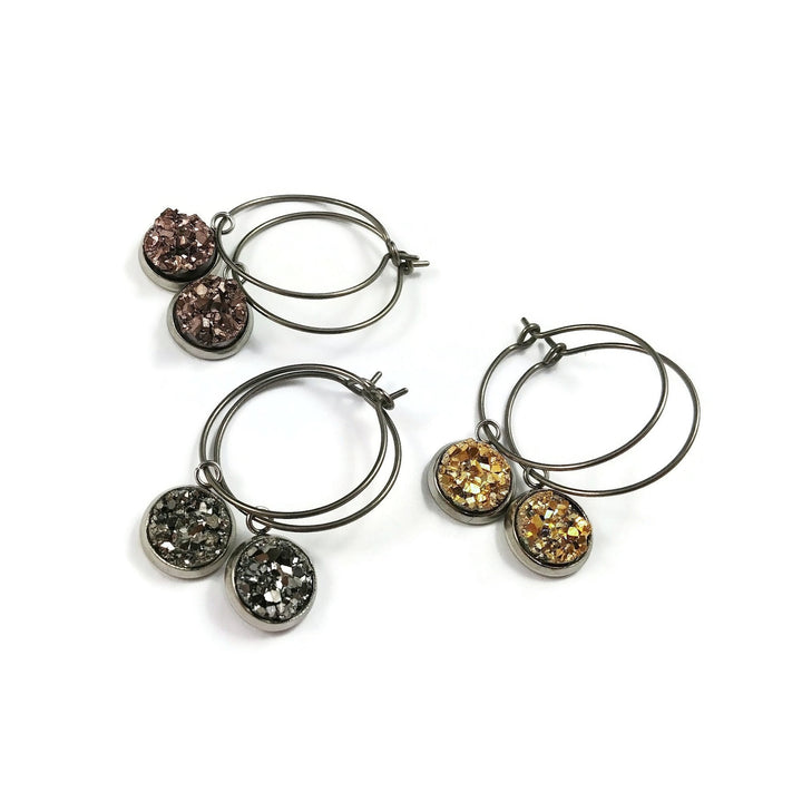 Druzy titanium hoop earrings, Hypoallergenic handmade jewelry, Minimalist earrings for sensitive ears