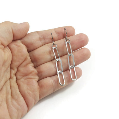 Paperclip chain dangle earrings - Pure titanium and stainless steel jewelry - Minimalist silver cable link earrings