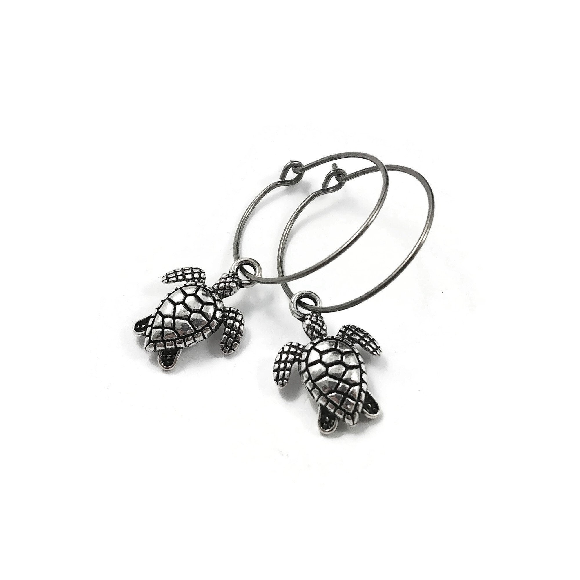 Turtle titanium hoop earrings, Hypoallergenic handmade jewelry, Ocean earrings for sensitive ears