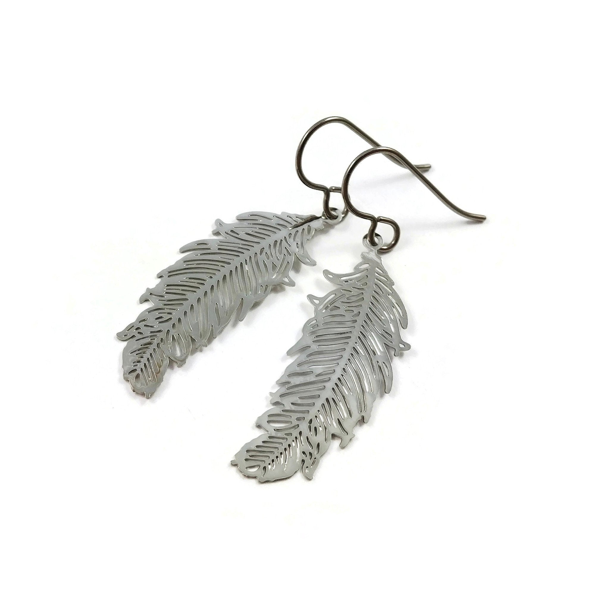 Silver feather pure titanium earrings, Hypoallergenic jewelry for sensitive ears, Tarnish free & waterproof