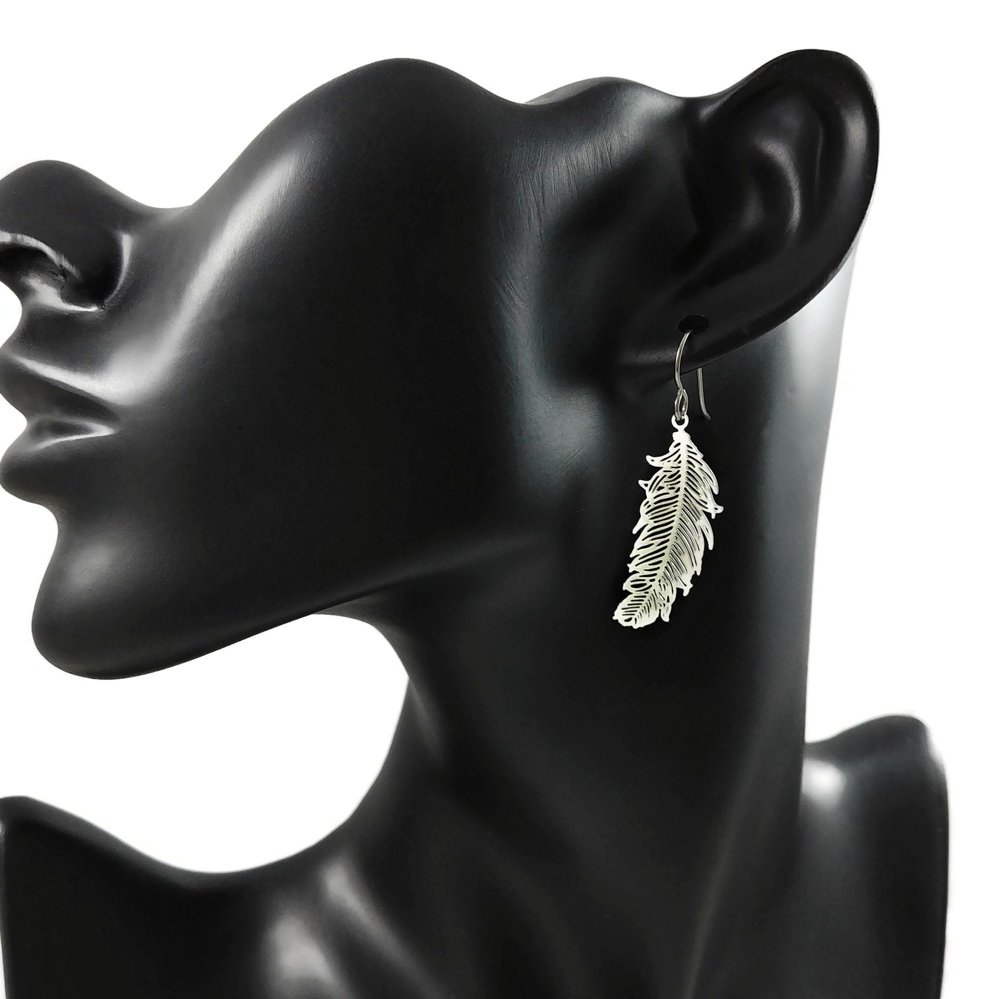 Silver feather pure titanium earrings, Hypoallergenic jewelry for sensitive ears, Tarnish free & waterproof