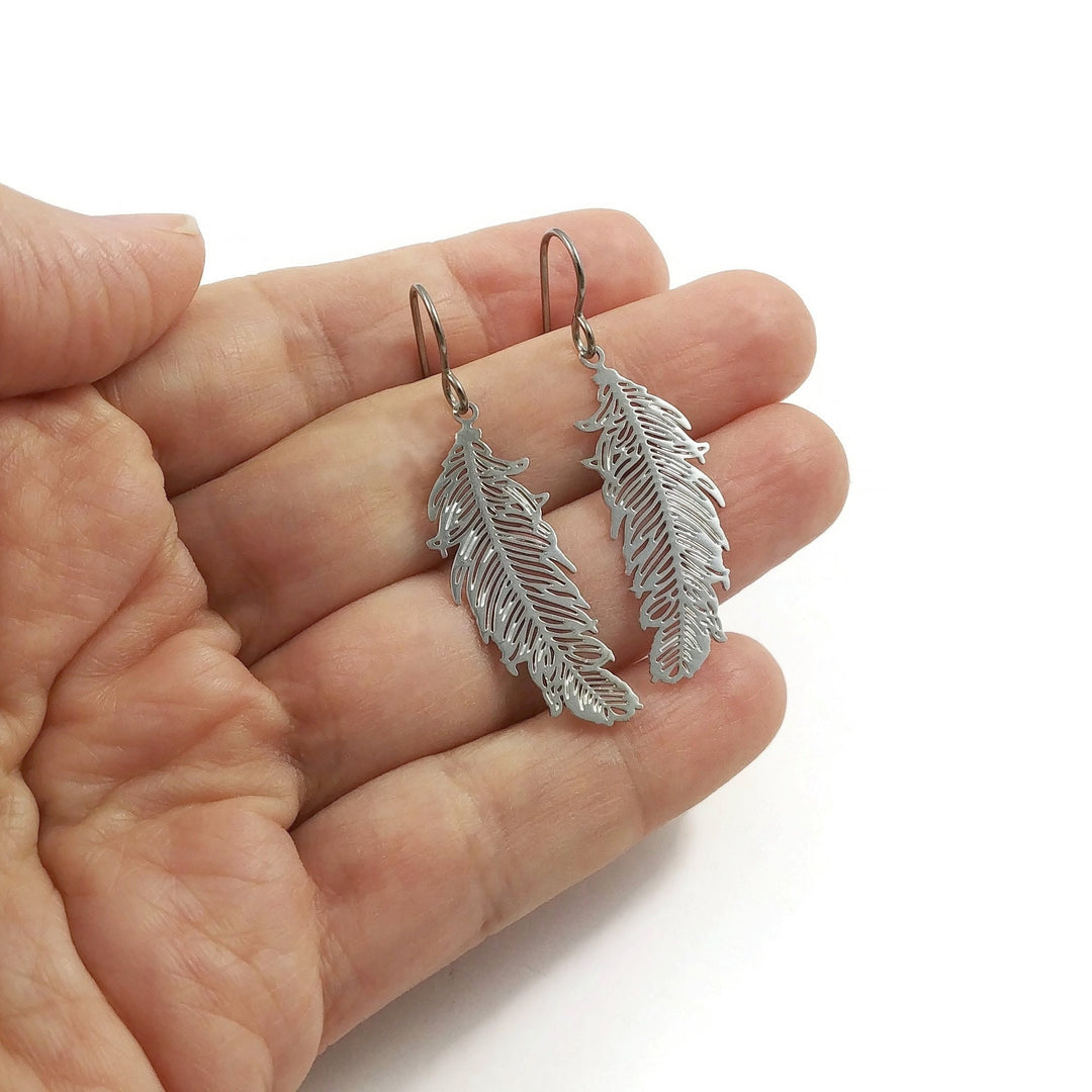 Silver feather pure titanium earrings, Hypoallergenic jewelry for sensitive ears, Tarnish free & waterproof