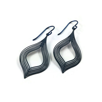 Blue ellipse niobium earrings, Hypoallergenic oval dangle earrings, Lightweight filigree jewelry