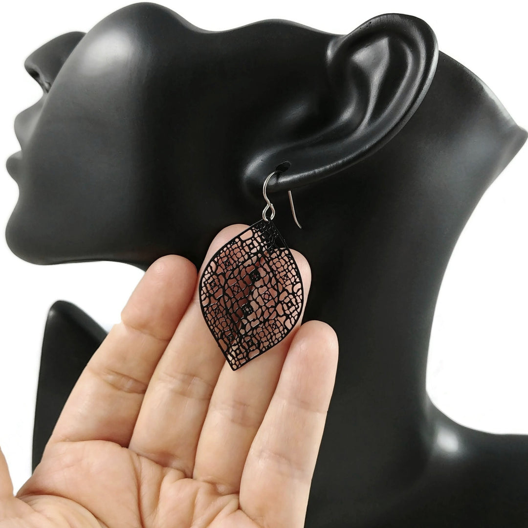 Black lace dangle earrings, Pure titanium and stainless steel jewelry, Lightweight everyday filigree earrings
