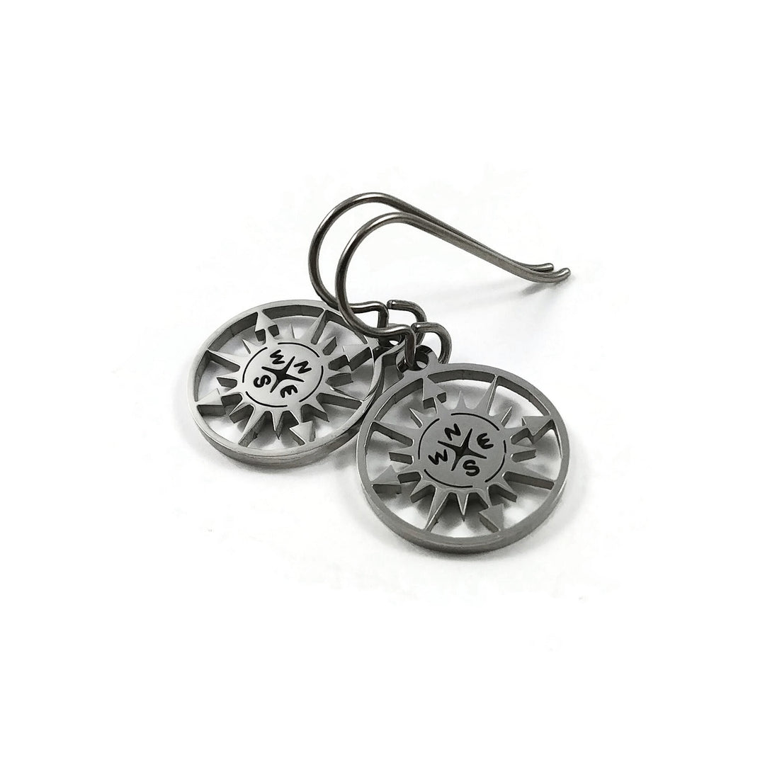Compass rose dangle earrings, Pure titanium and stainless steel jewelry, Silver nautical earrings, Travel theme gift