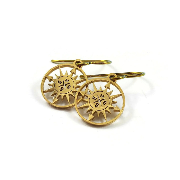 Compass rose gold earrings, Pure niobium and stainless steel jewelry, Nautical dangle earrings, Travel theme gift