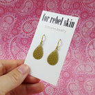 Golden teardrop niobium earrings, Hypoallergenic oval dangle earrings, Lightweight filigree jewelry