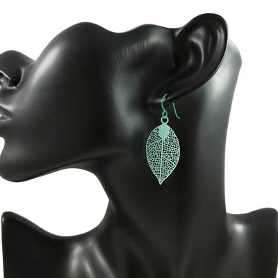 Aqua leaf niobium earrings, Hypoallergenic dangle earrings, Lightweight filigree jewelry for sensitive ears