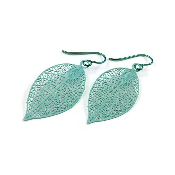 Aqua leaf niobium earrings, Hypoallergenic dangle earrings, Lightweight filigree jewelry for sensitive ears