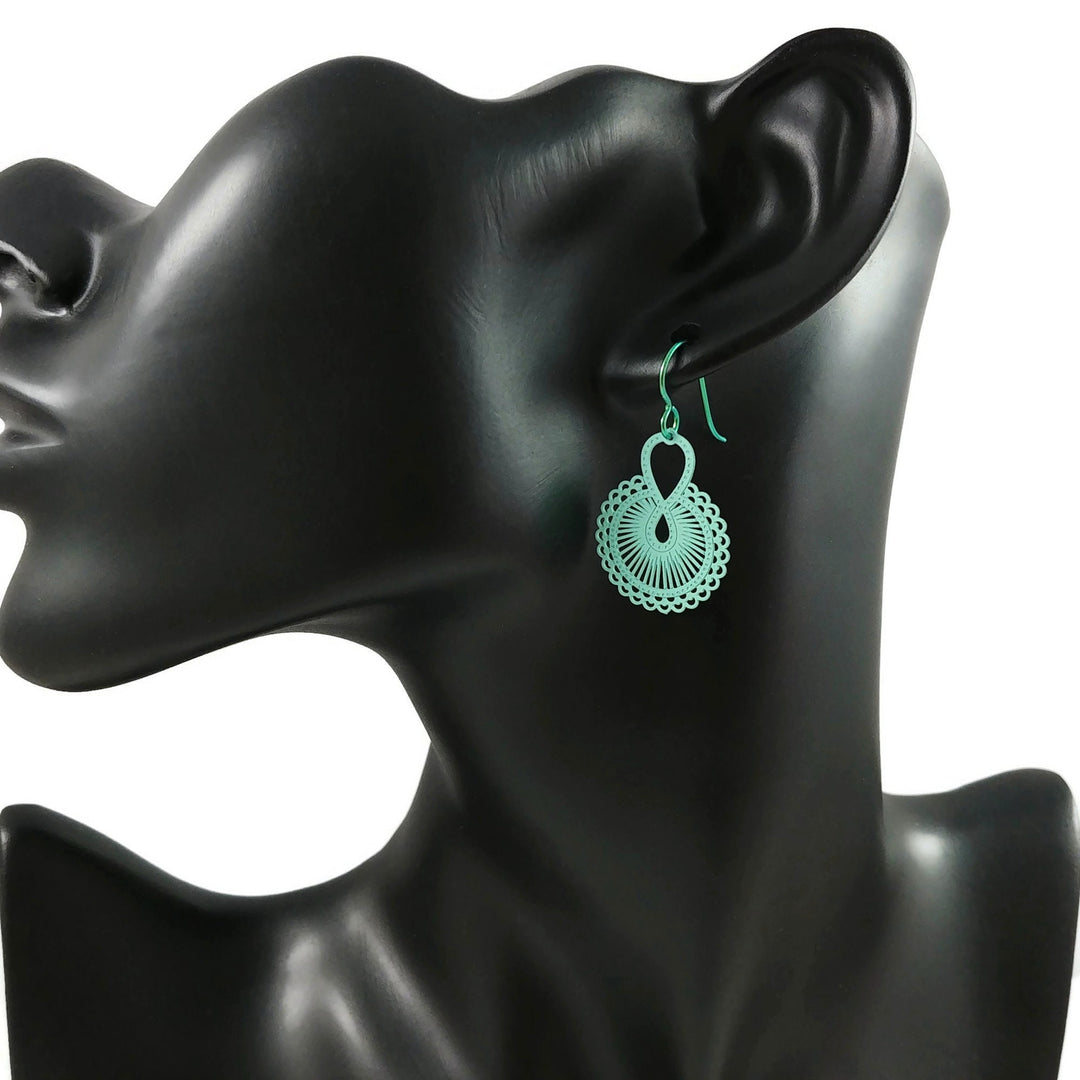Aqua floral niobium earrings, Hypoallergenic dangle infinity earrings, Lightweight filigree jewelry