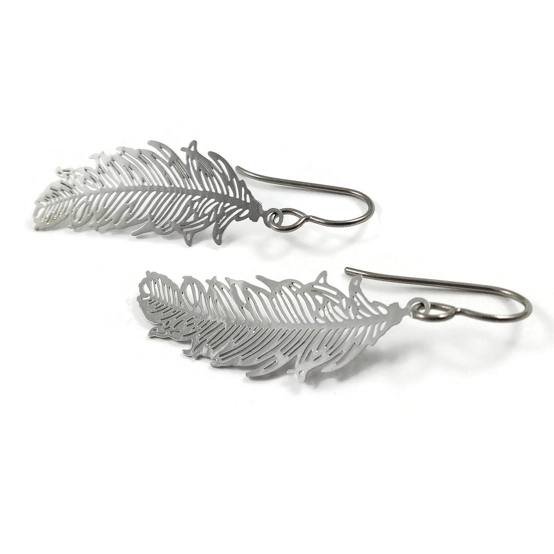 Silver feather pure titanium earrings, Hypoallergenic jewelry for sensitive ears, Tarnish free & waterproof