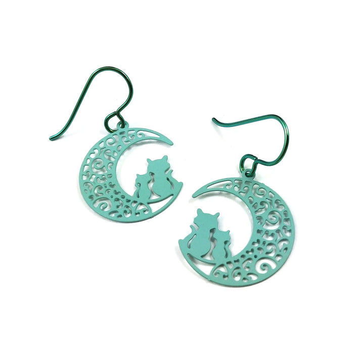 Cats and moon earrings, Aqua pure niobium earrings, Celestial dangle earrings, Cute gift for her