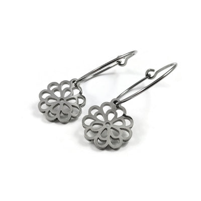 Chrysanthemum flower hoop earrings, Implant grade pure titanium jewelry for sensitive ears, Tarnish free