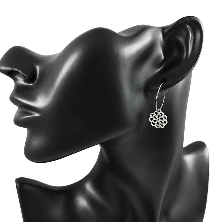 Chrysanthemum flower hoop earrings, Implant grade pure titanium jewelry for sensitive ears, Tarnish free