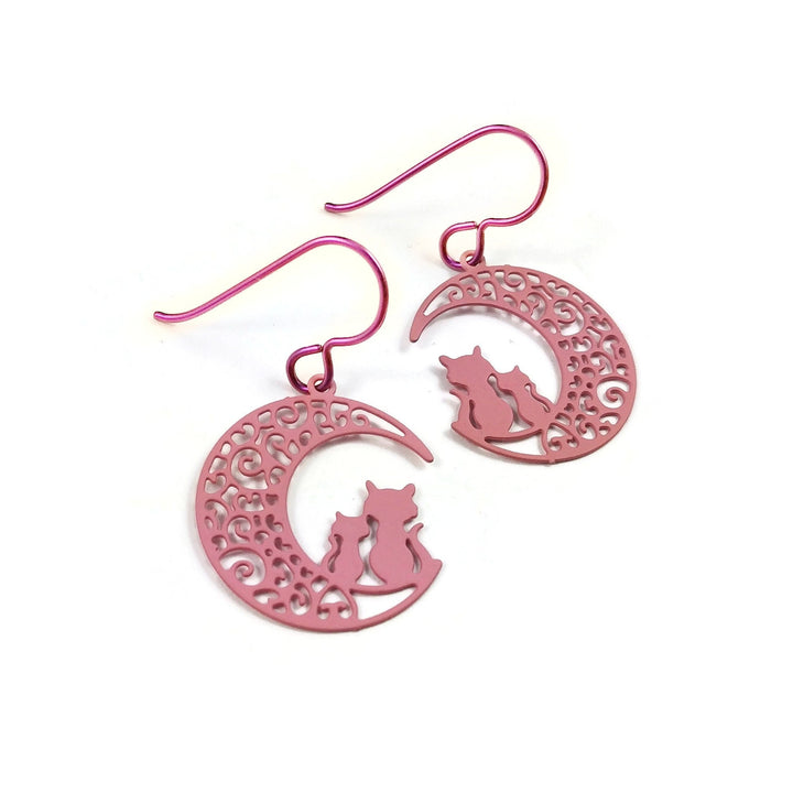 Cats and moon earrings, Aqua pure niobium earrings, Celestial dangle earrings, Cute gift for her