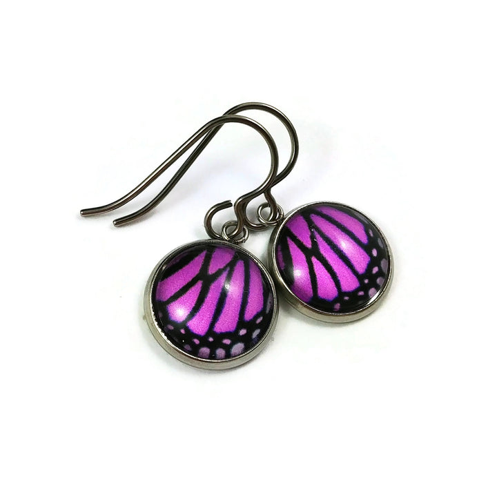 Butterfly wing earrings, Hypoallergenic pure titanium jewelry, Small dangle earrings