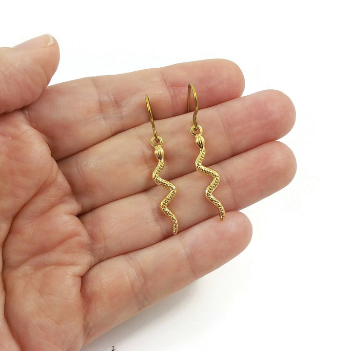 Gold snake earrings, Pure niobium for sensitive ears, Hypoallergenic dangle earrings, Snake jewelry for women