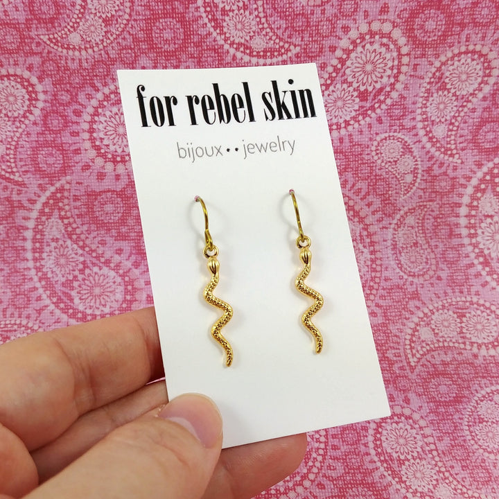 Gold snake earrings, Pure niobium for sensitive ears, Hypoallergenic dangle earrings, Snake jewelry for women
