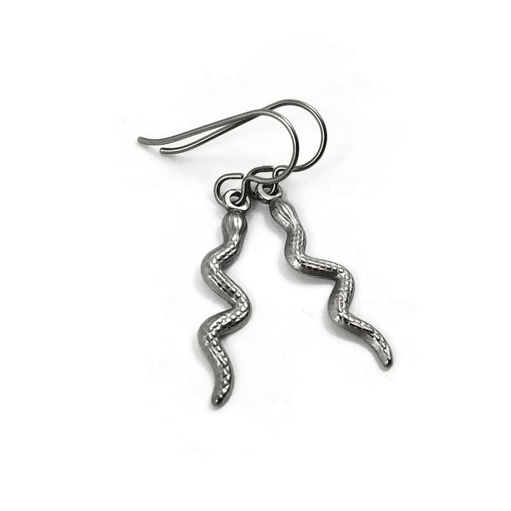 Dangle snake earrings, Implant grade titanium for sensitive ears, Snake jewelry for women