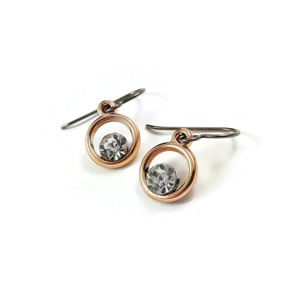 Rhinestone and rose gold earrings, Hypoallergenic pure titanium jewelry, Everyday lightweight dangle earrings