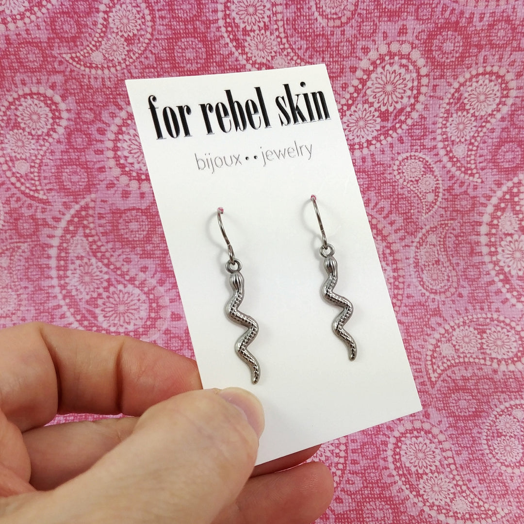 Dangle snake earrings, Implant grade titanium for sensitive ears, Snake jewelry for women