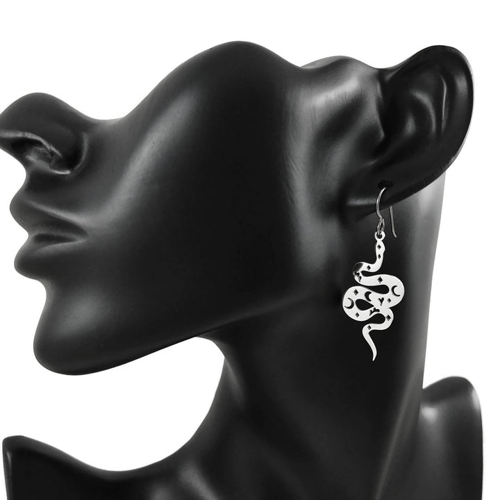 Celestial snake earrings, Implant grade titanium for sensitive ears, Boho moon and star snake jewelry for women