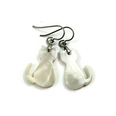 Fun cat earrings, Hypoallergenic pure titanium jewelry, White acrylic dangle earrings