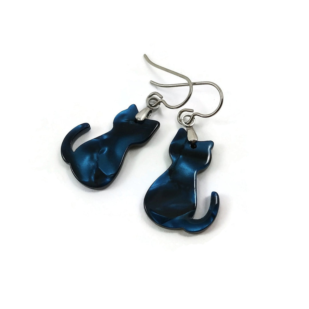 Blue cat earrings, Hypoallergenic pure titanium jewelry, Acetate acrylic dangle earrings