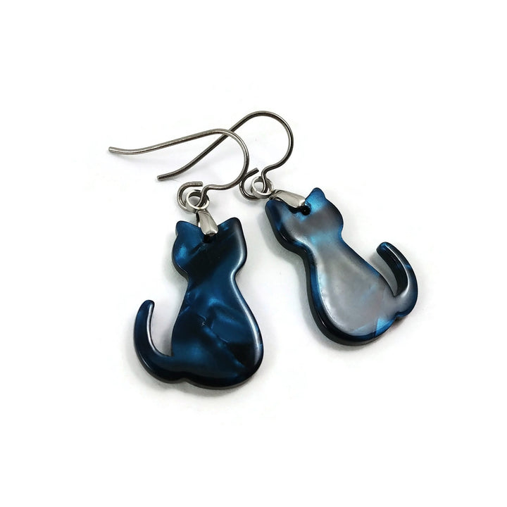 Blue cat earrings, Hypoallergenic pure titanium jewelry, Acetate acrylic dangle earrings